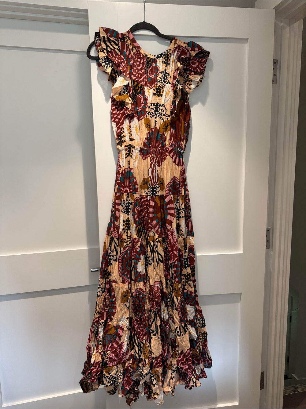 Scotch & Soda Burgundy, Cream & Teal Ruffled Maxi Dress